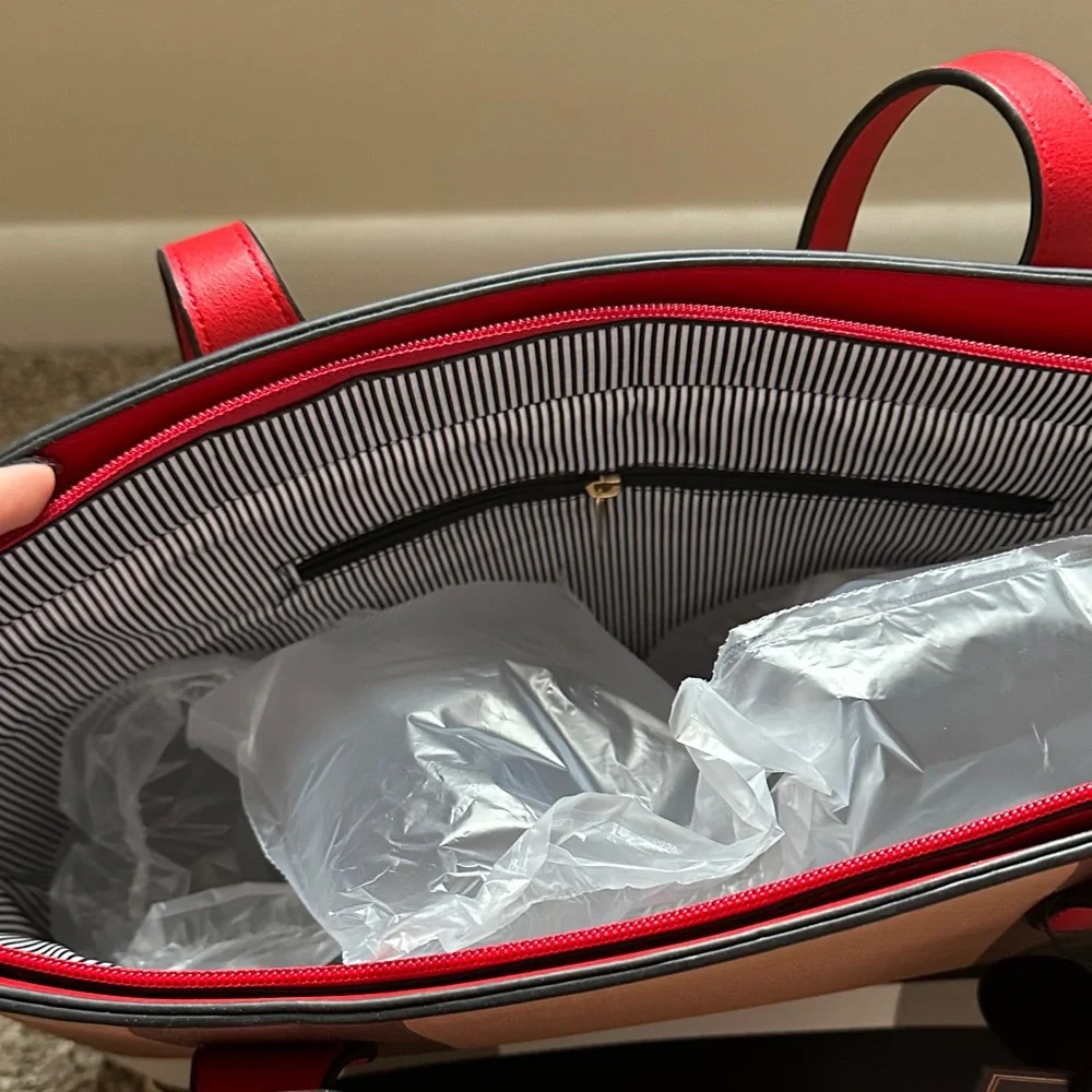 Deluxity Women’s Tan & Red Stripe Tote Bag